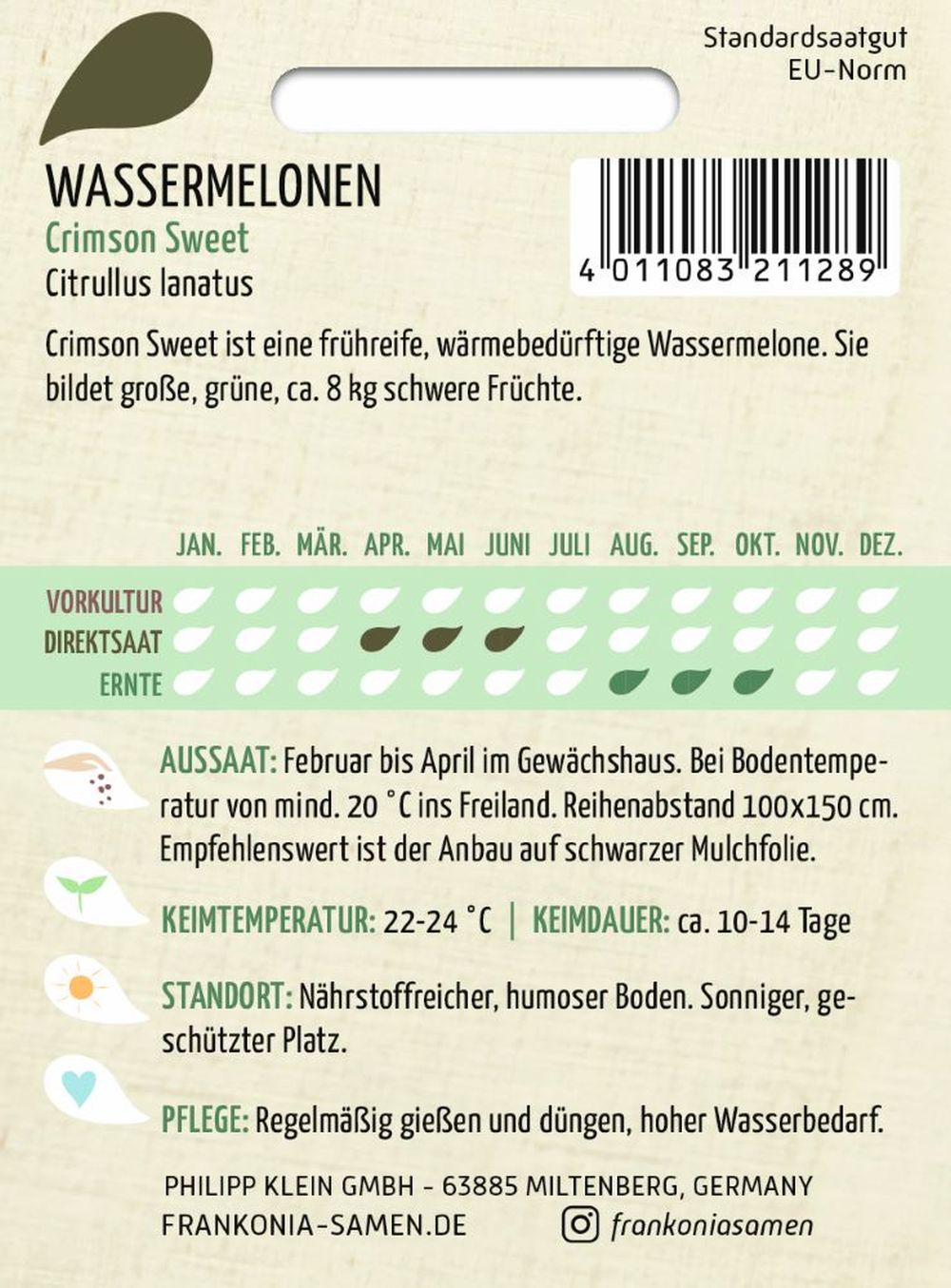 Rückseite der Verpackung des Saatgutes Wassermelone, Crimson Sweet der Firma Frankonia Samen von ihrgartenberater.de