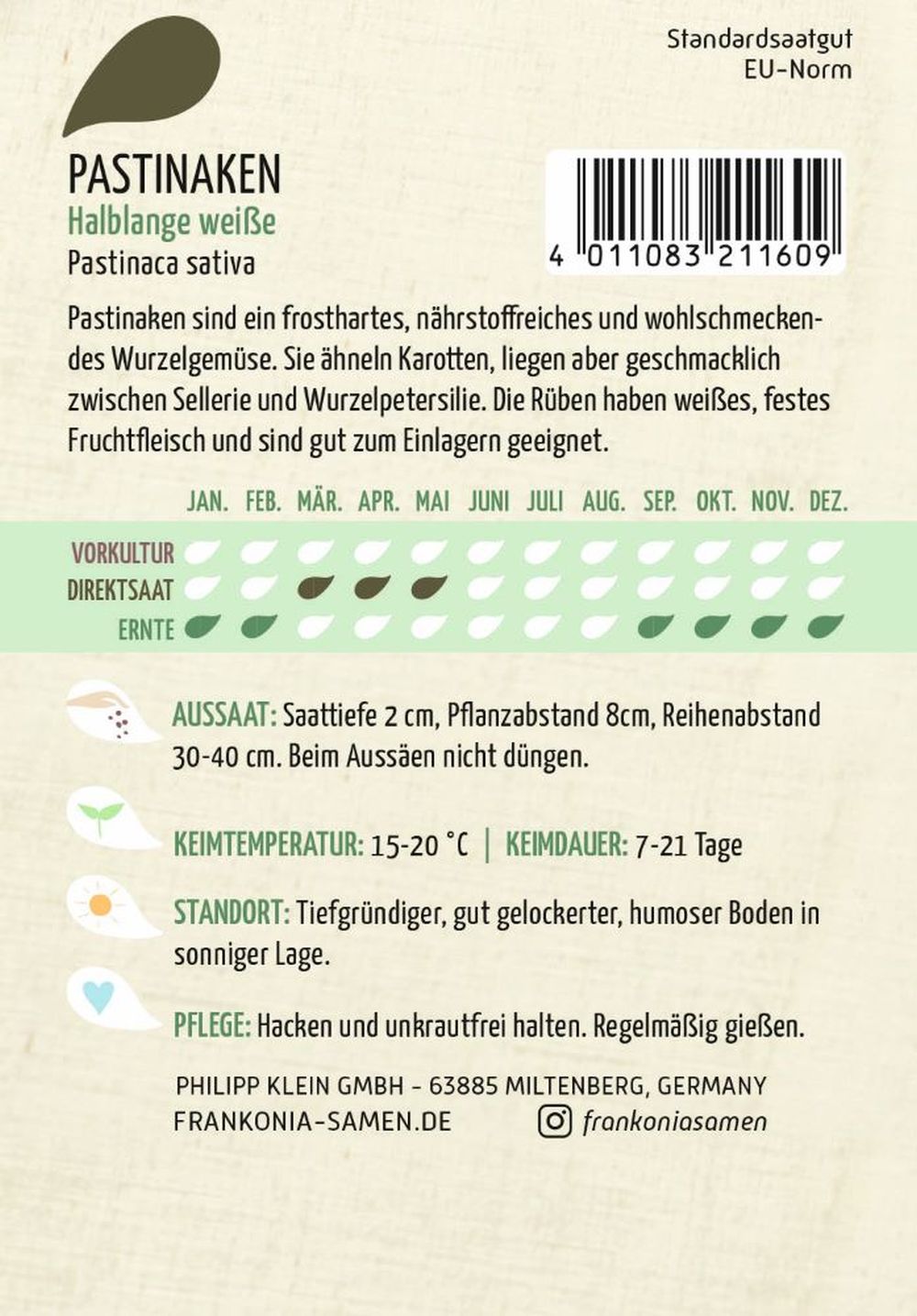Rückseite der Verpackung des Saatgutes Pastinaken, Halblange weiße der Firma Frankonia Samen von ihrgartenberater.de