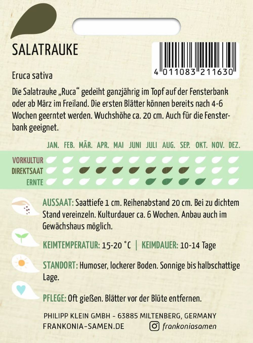 Rückseite der Verpackung des Saatgutes Salatrauke, Rucola der Firma Frankonia Samen von ihrgartenberater.de