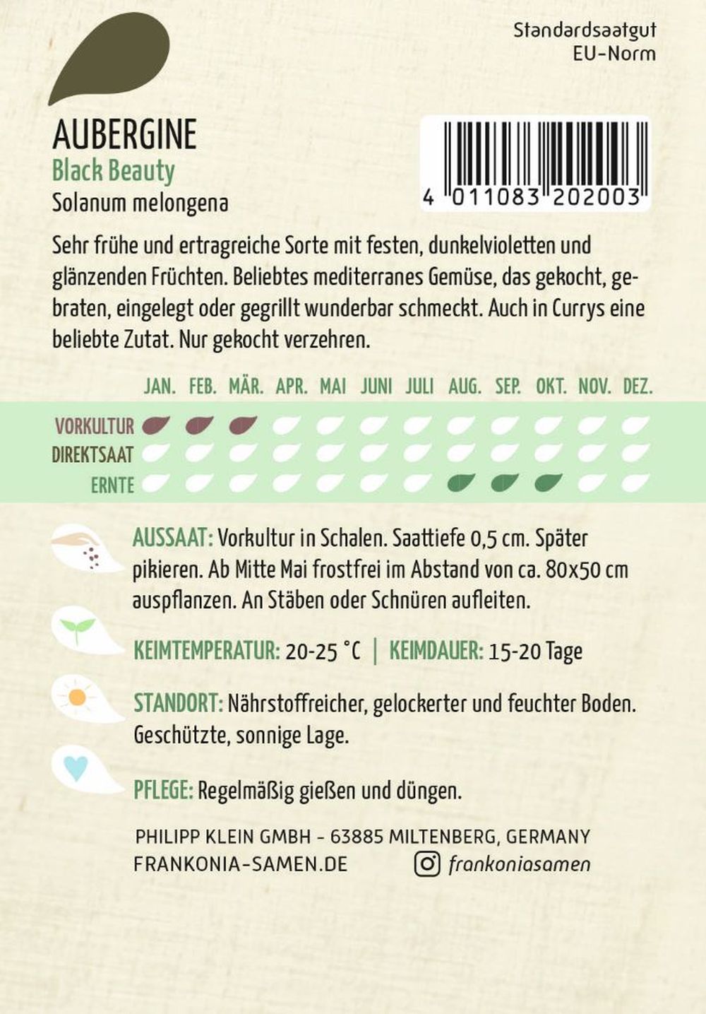 Rückseite der Verpackung des Saatgutes Aubergine, Black Beauty der Firma Frankonia Samen von ihrgartenberater.de