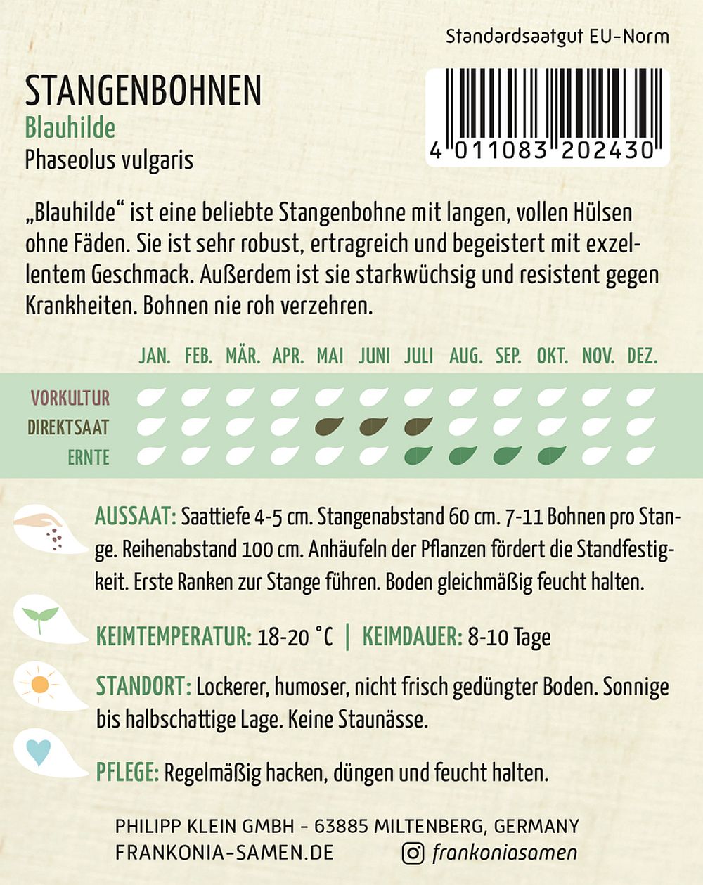 Vorderseite der Verpackung des Saatgutes Stangenbohne, Blauhilde der Firma Frankonia Samen von ihrgartenberater.de