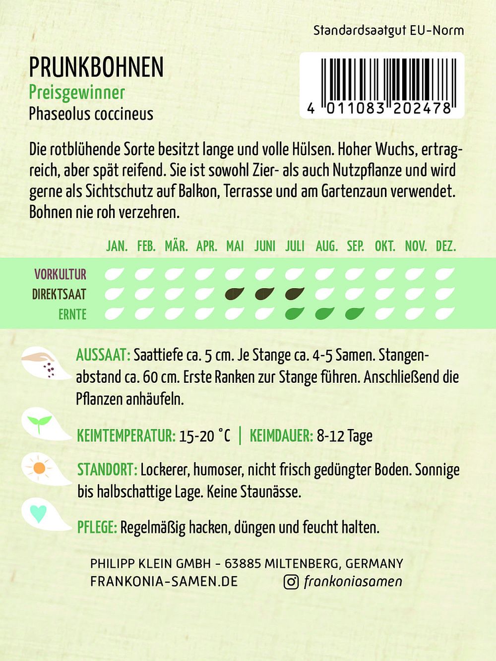 Rückseite der Verpackung des Saatgutes Prunk- und Feuerbohne, Preisgewinner der Firma Frankonia Samen von ihrgartenberater.de