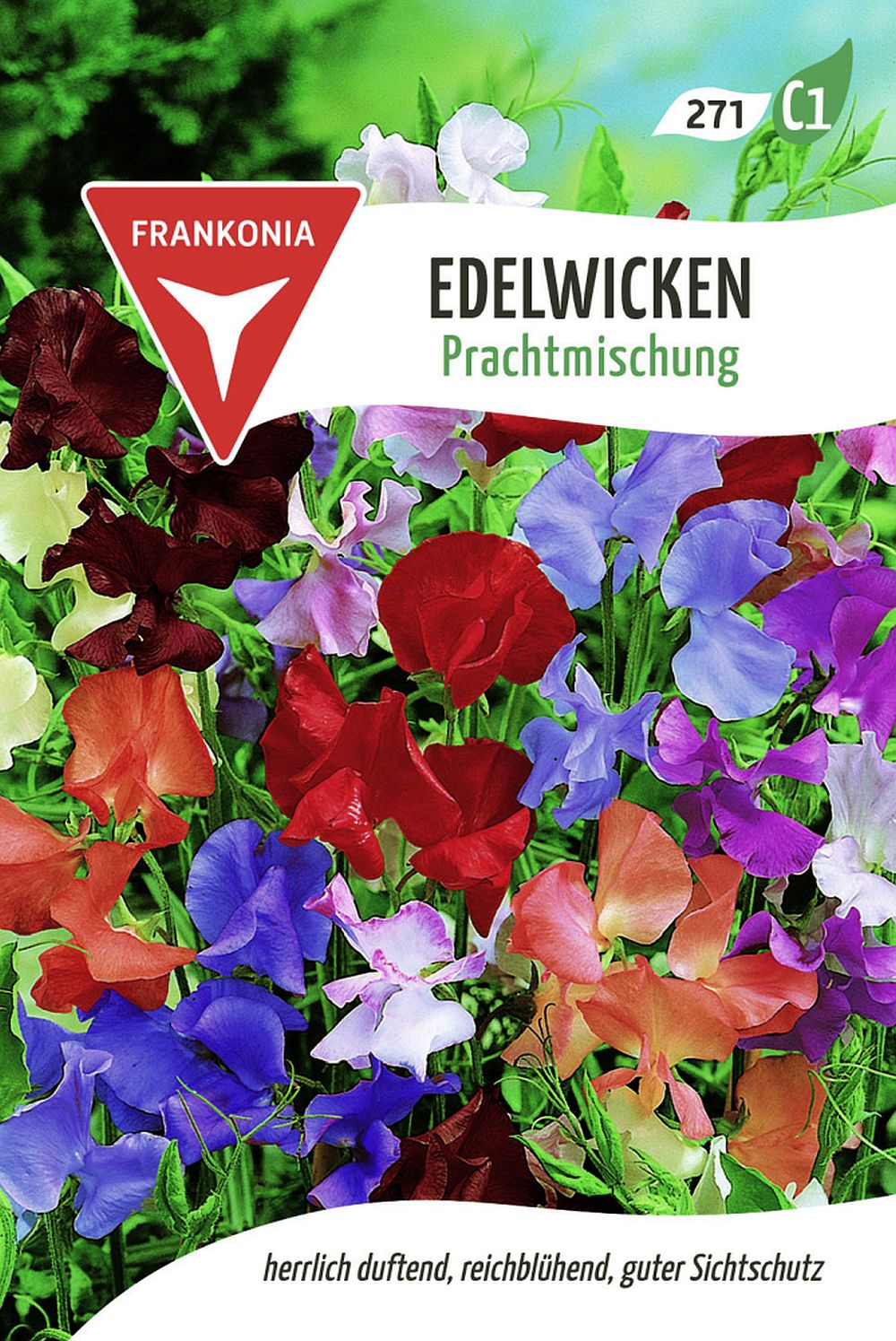 Vorderseite der Verpackung des Saatgutes Edelwicke, Prachtmischung der Firma Frankonia Samen von ihrgartenberater.de
