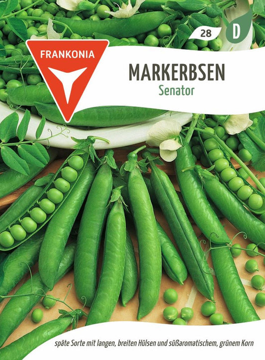 Vorderseite der Verpackung des Saatgutes Markerbse, Senator der Firma Frankonia Samen von ihrgartenberater.de