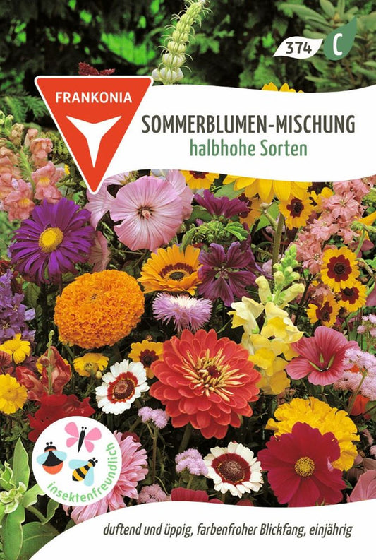 Vorderseite der Verpackung des Saatgutes Sommerblumen-Mischung, halbhohe Sorten der Firma Frankonia Samen von ihrgartenberater.de