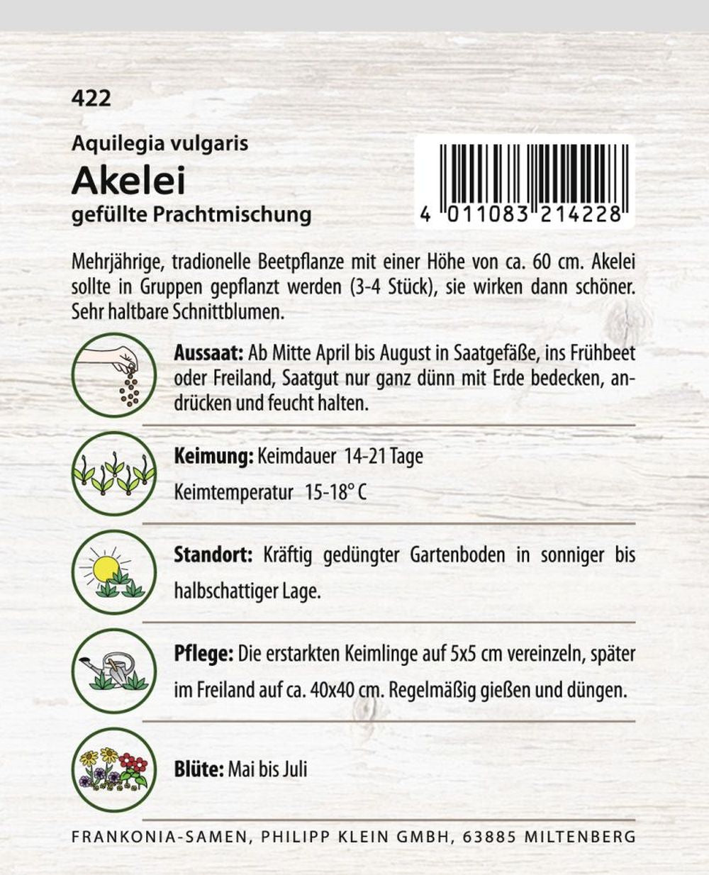 Rückseite der Verpackung des Saatgutes Akelei (Aquilegia), gefüllte Mischung der Firma Frankonia Samen von ihrgartenberater.de