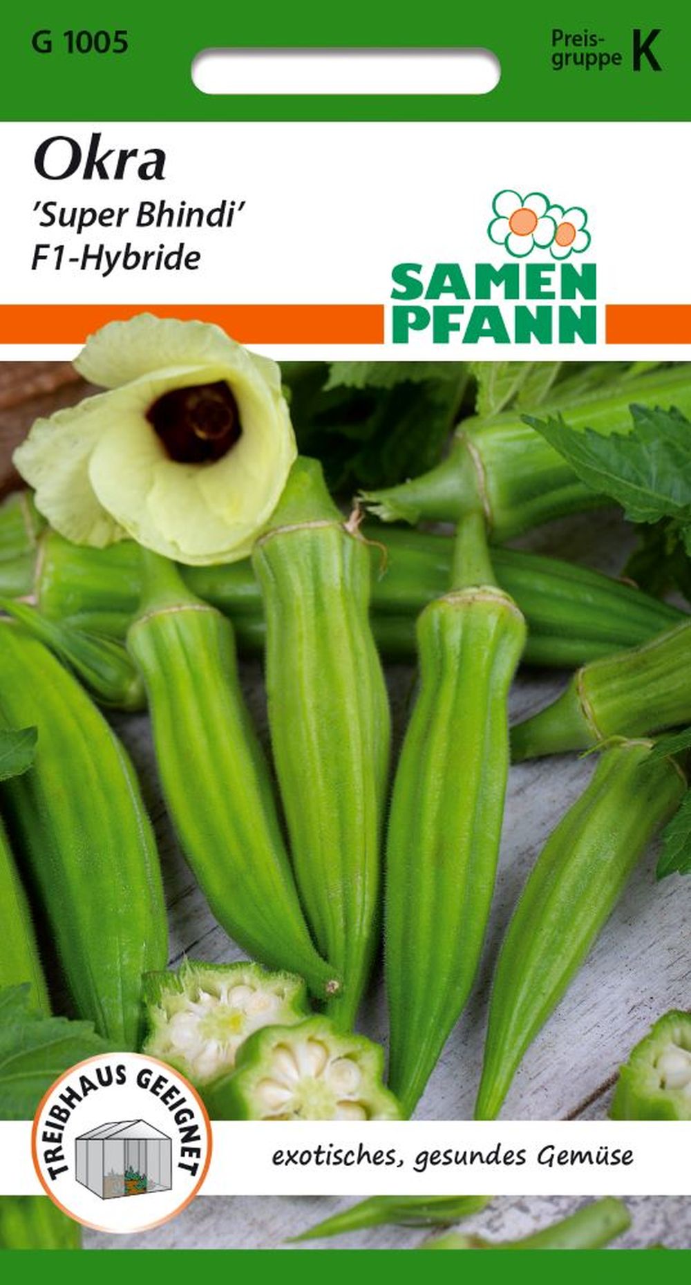 Vorderseite der Verpackung des Saatgutes Okra, Super Bhindi F1 der Firma Samen Pfann von ihrgartenberater.de