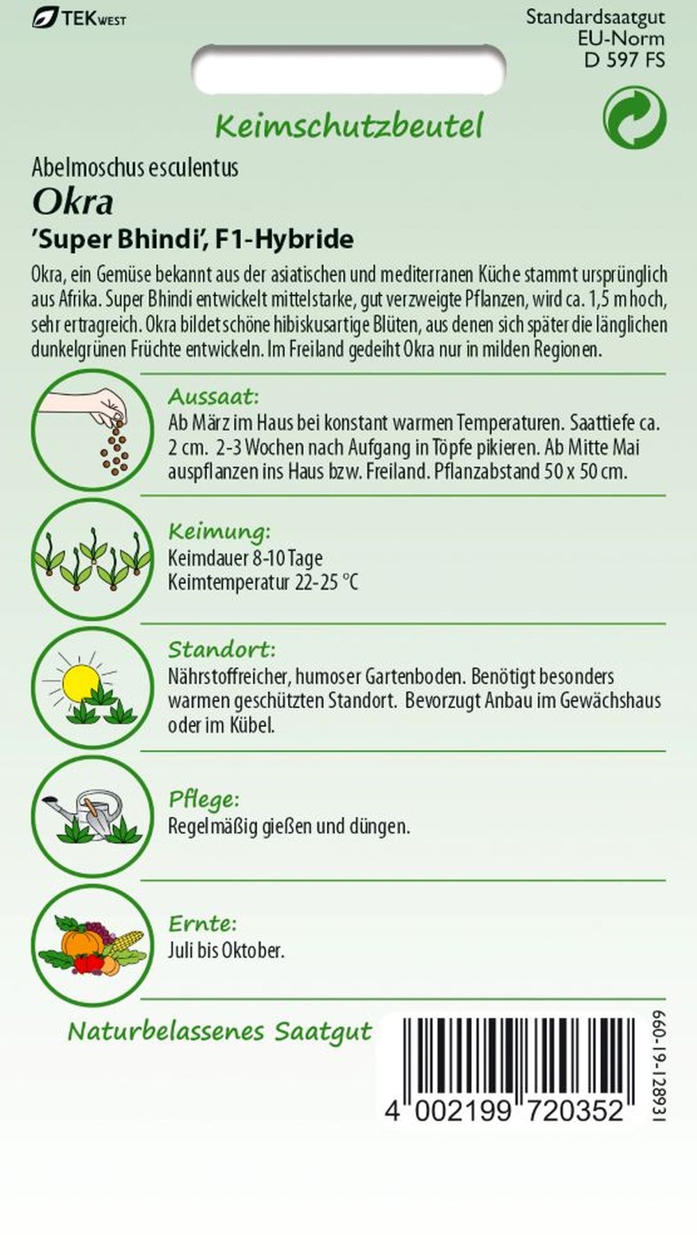 Rückseite der Verpackung des Saatgutes Okra, Super Bhindi F1 der Firma Samen Pfann von ihrgartenberater.de