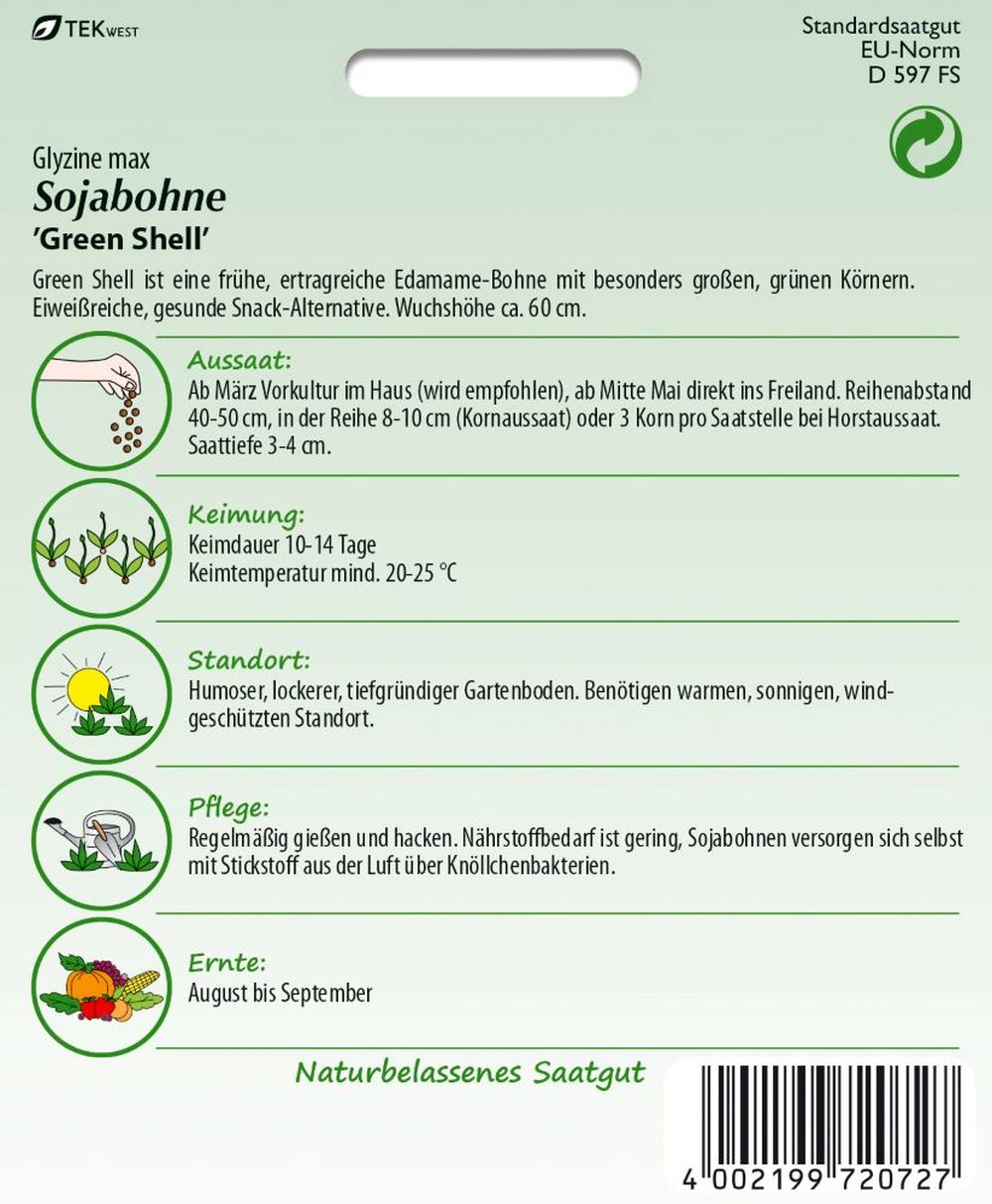 Rückseite der Verpackung des Saatgutes Sojabohne Edamame, Green Shell der Firma Samen Pfann von ihrgartenberater.de