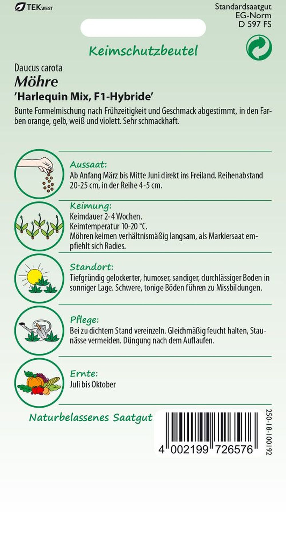 Rückseite der Verpackung des Saatgutes Möhre, Harlequin Mix F1 der Firma Samen Pfann von ihrgartenberater.de
