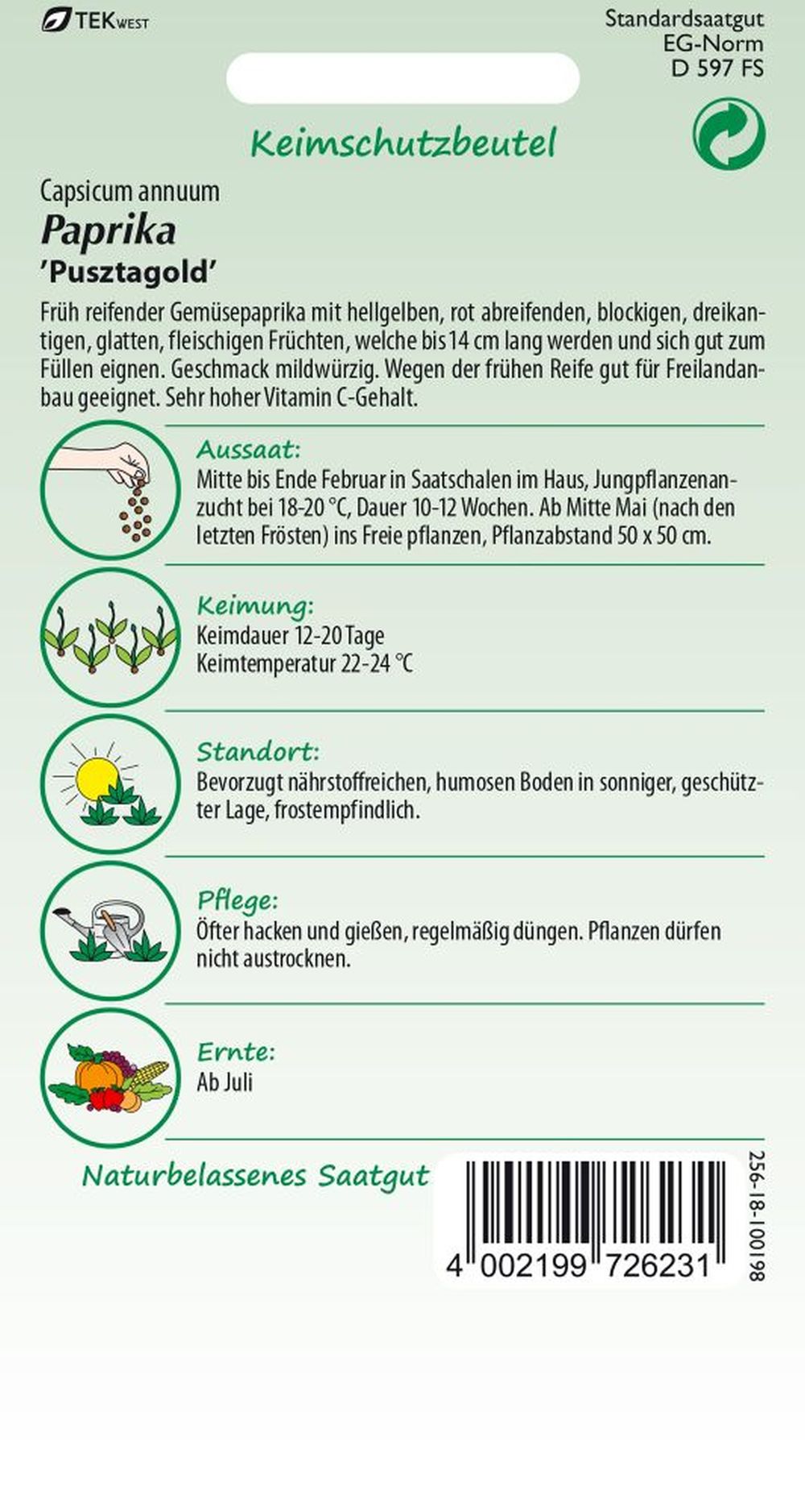 Rückseite der Verpackung des Saatgutes Paprika, Pusztagold der Firma Samen Pfann von ihrgartenberater.de