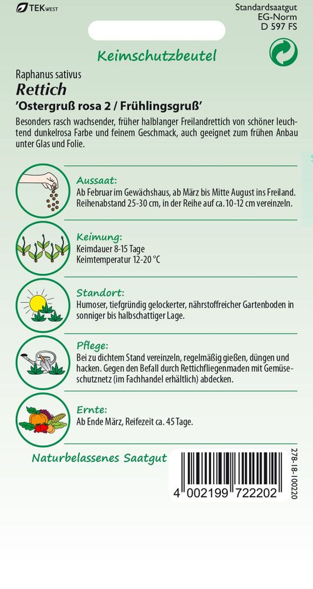 Rückseite der Verpackung des Saatgutes Rettich, Ostergruß rosa 2 / Frühlingsgruß der Firma Samen Pfann von ihrgartenberater.de