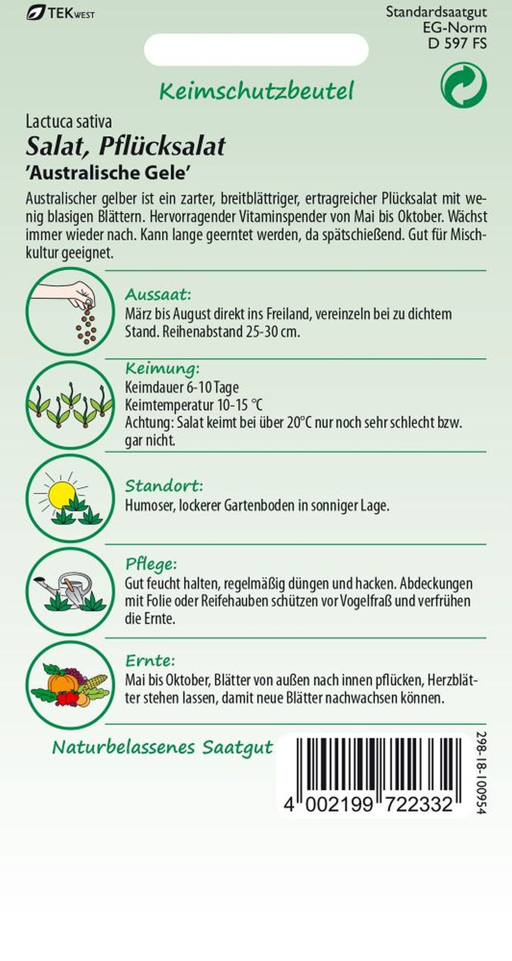 Rückseite der Verpackung des Saatgutes Pflücksalat, Australischer gelber der Firma Samen Pfann von ihrgartenberater.de