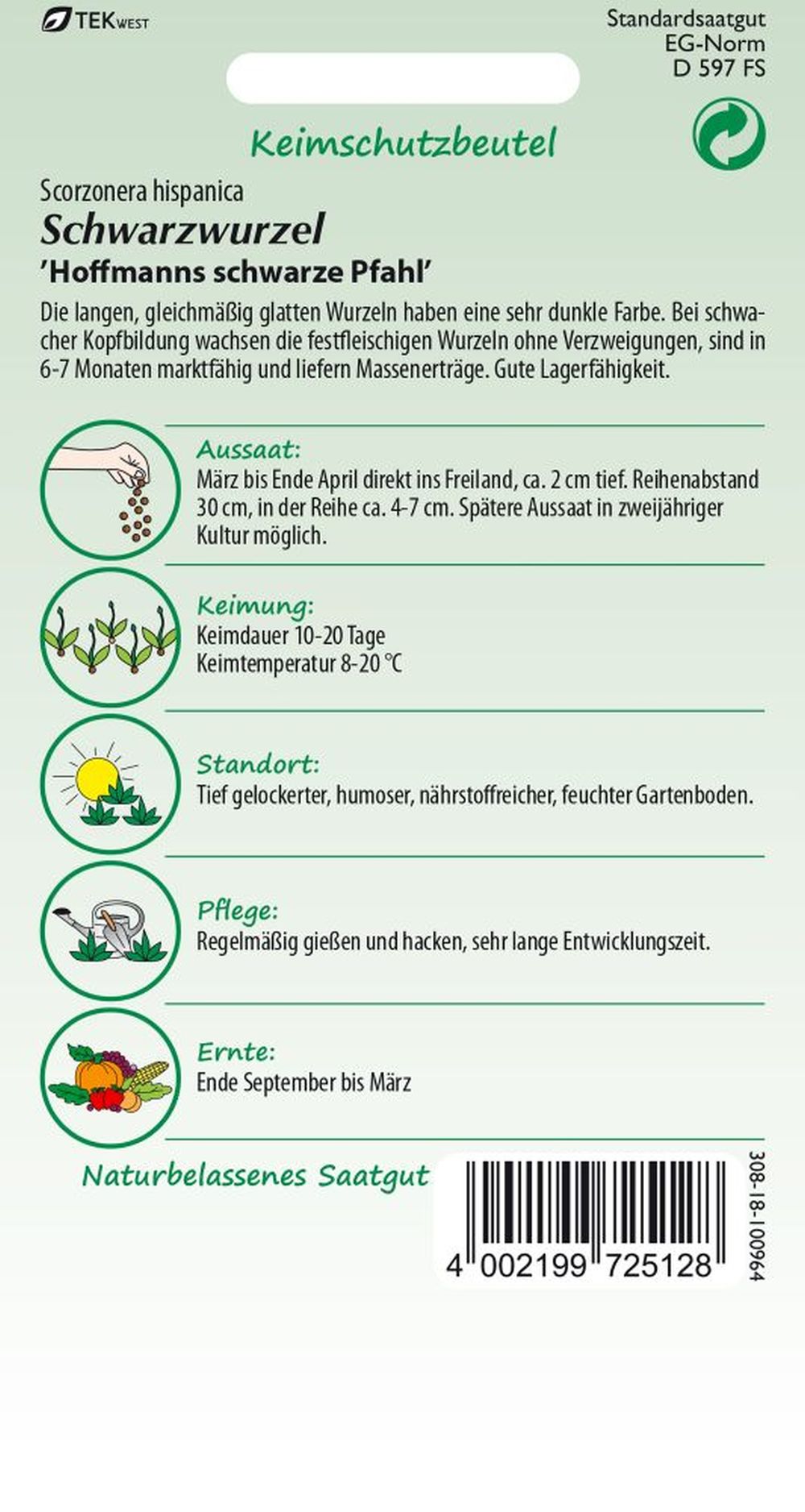 Rückseite der Verpackung des Saatgutes Schwarzwurzeln, Schwarze Pfahl der Firma Samen Pfann von ihrgartenberater.de