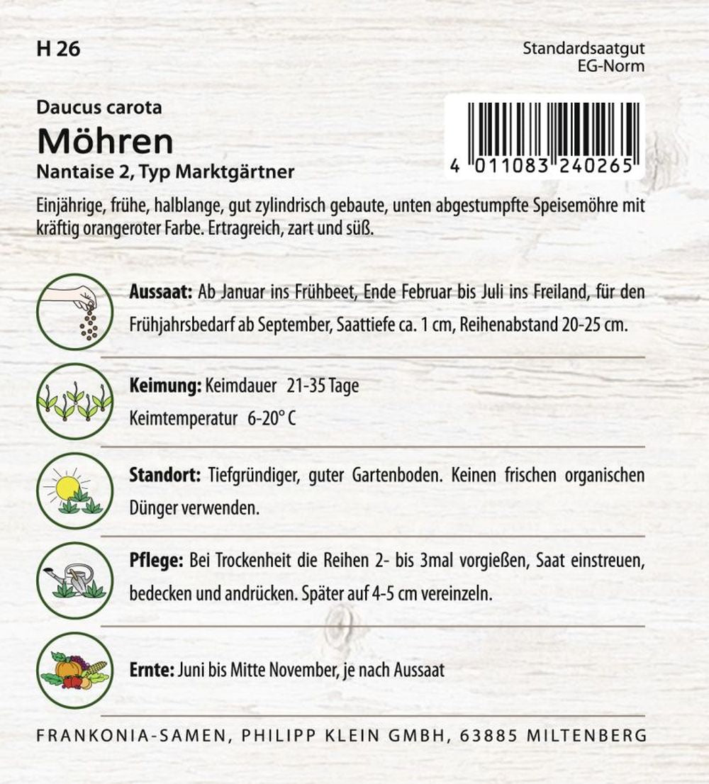 Rückseite der Verpackung des Saatgutes Möhre, Nantaise Großpackung der Firma Frankonia Samen von ihrgartenberater.de