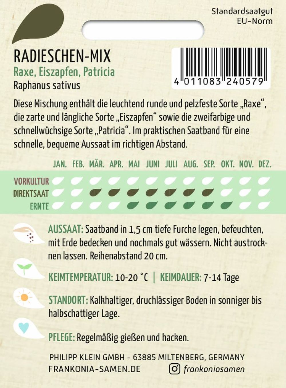 Rückseite der Verpackung des Saatgutes Radies-Mix, Saatband der Firma Frankonia Samen von ihrgartenberater.de