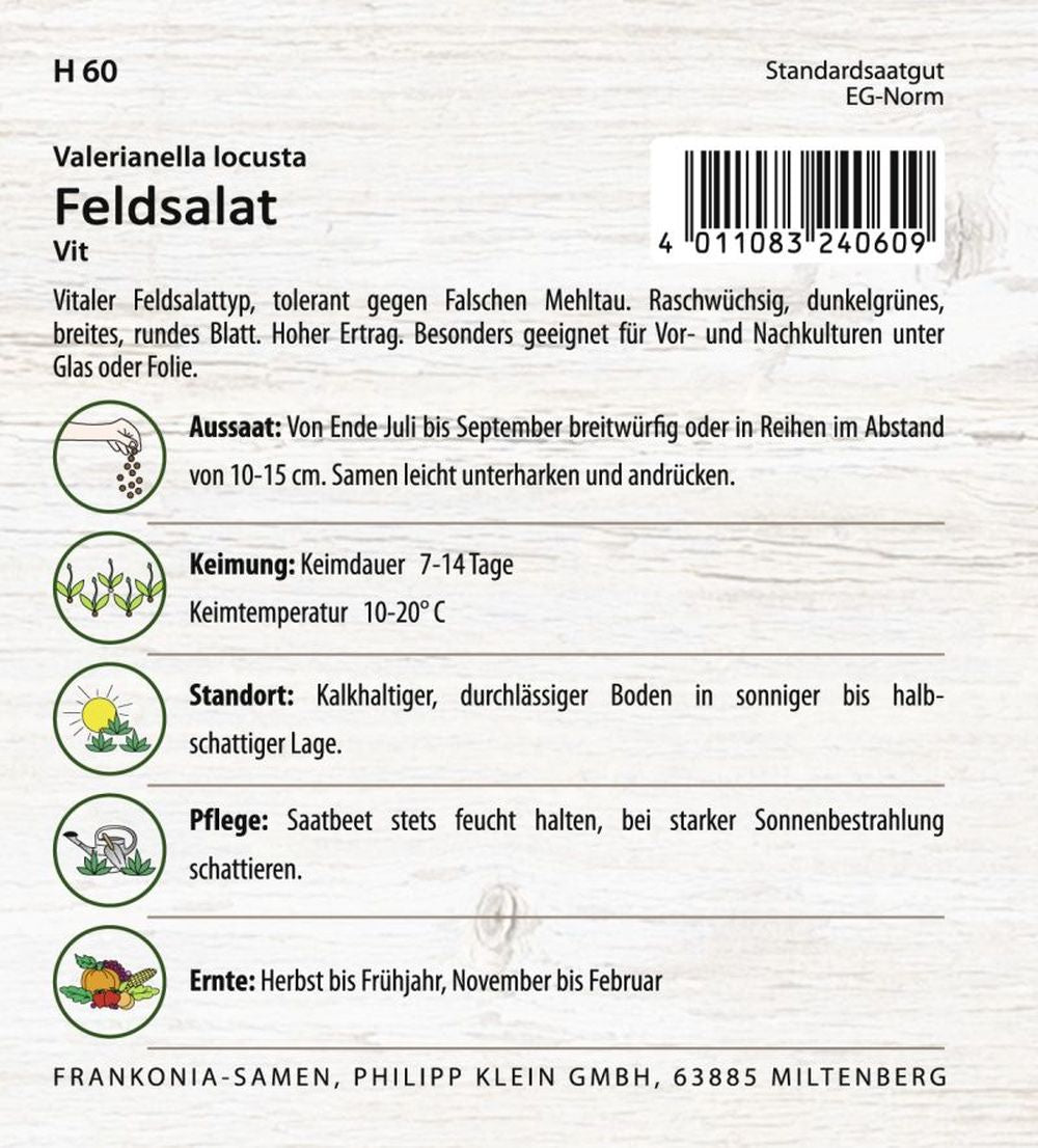 Rückseite der Verpackung des Saatgutes Feldsalat, Vit Großpackung der Firma Frankonia Samen von ihrgartenberater.de