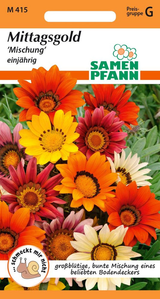 Vorderseite der Verpackung des Saatgutes Mittagsgold (Gazania), Mischung der Firma Samen Pfann von ihrgartenberater.de