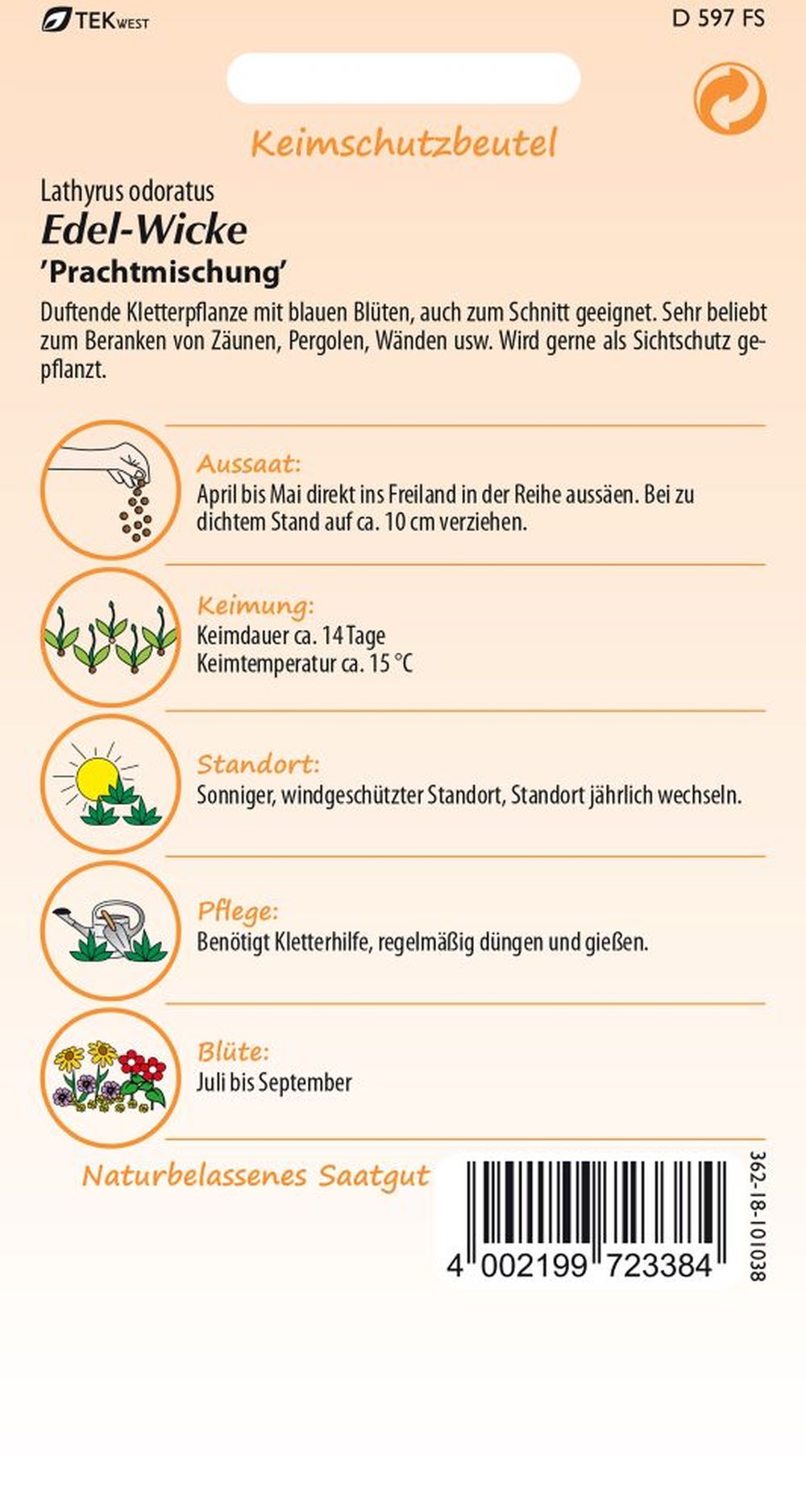 Rückseite der Verpackung des Saatgutes Edel-Wicke, Prachtmischung der Firma Samen Pfann von ihrgartenberater.de