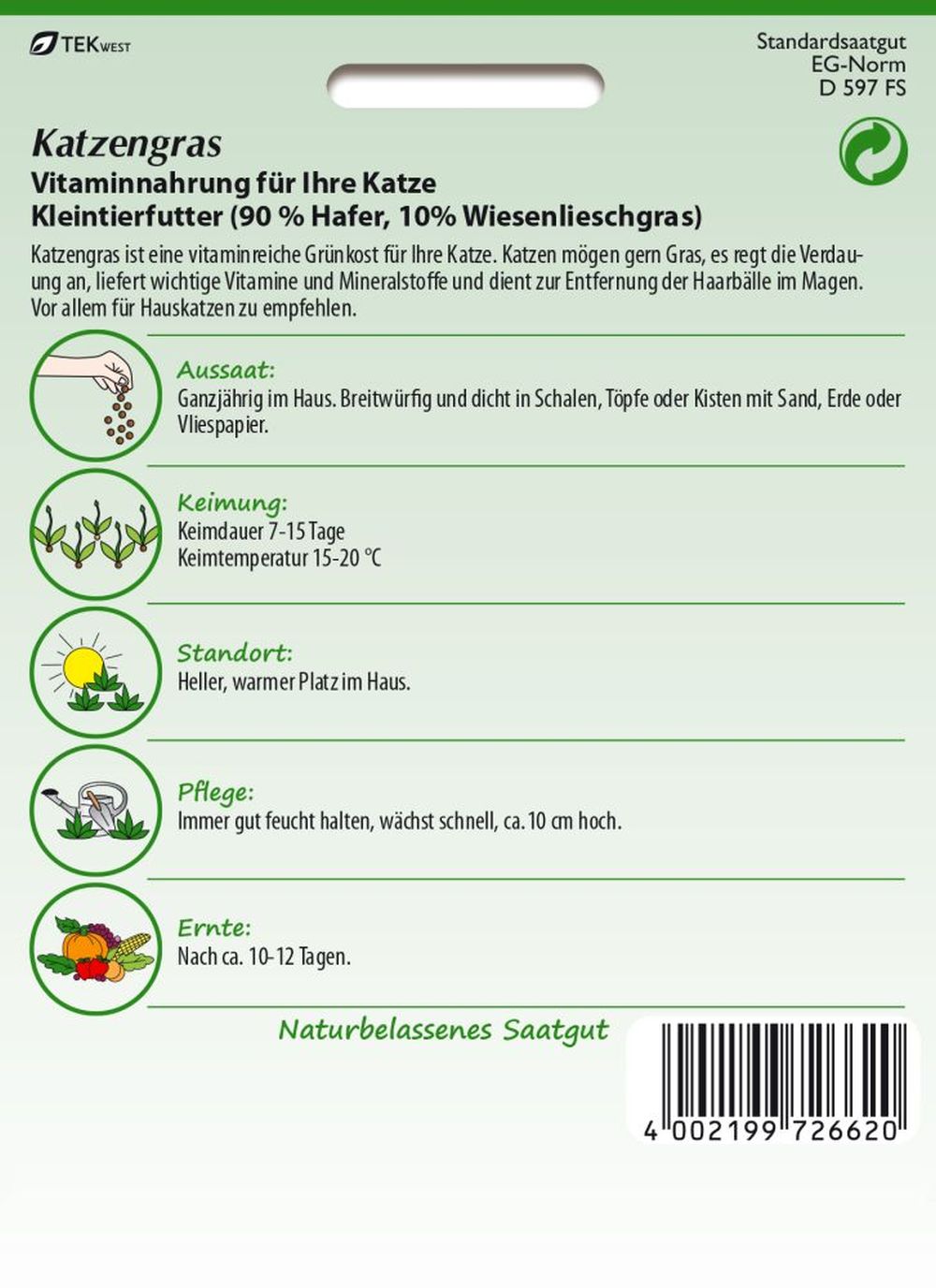 Rückseite der Verpackung des Saatgutes Katzengras der Firma Samen Pfann von ihrgartenberater.de