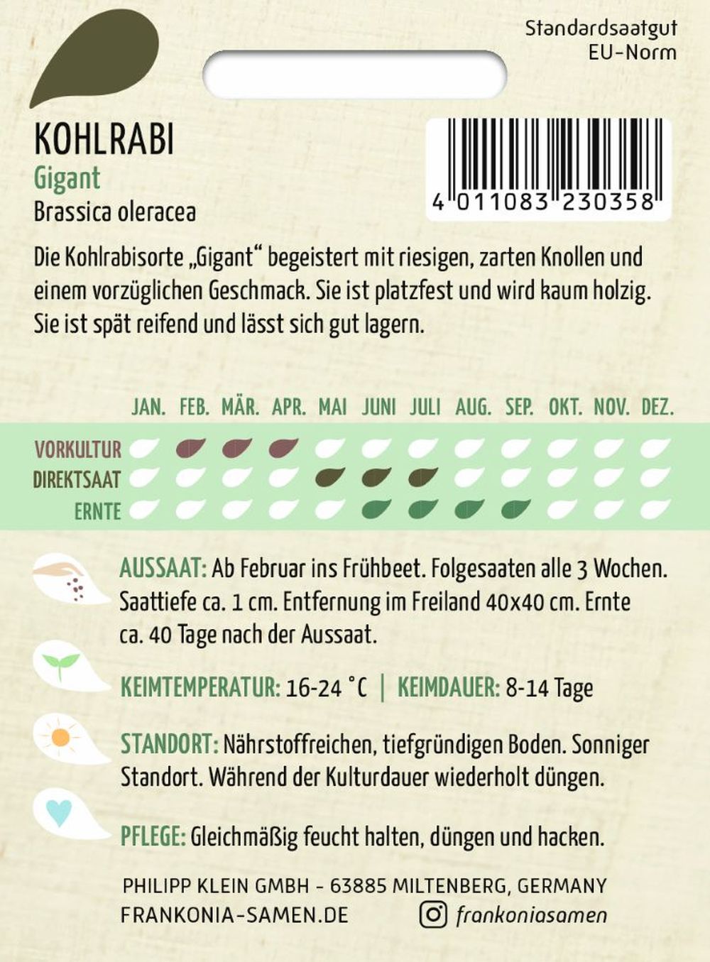 Rückseite der Verpackung des Saatgutes Kohlrabi, Gigant der Firma Frankonia Samen von ihrgartenberater.de