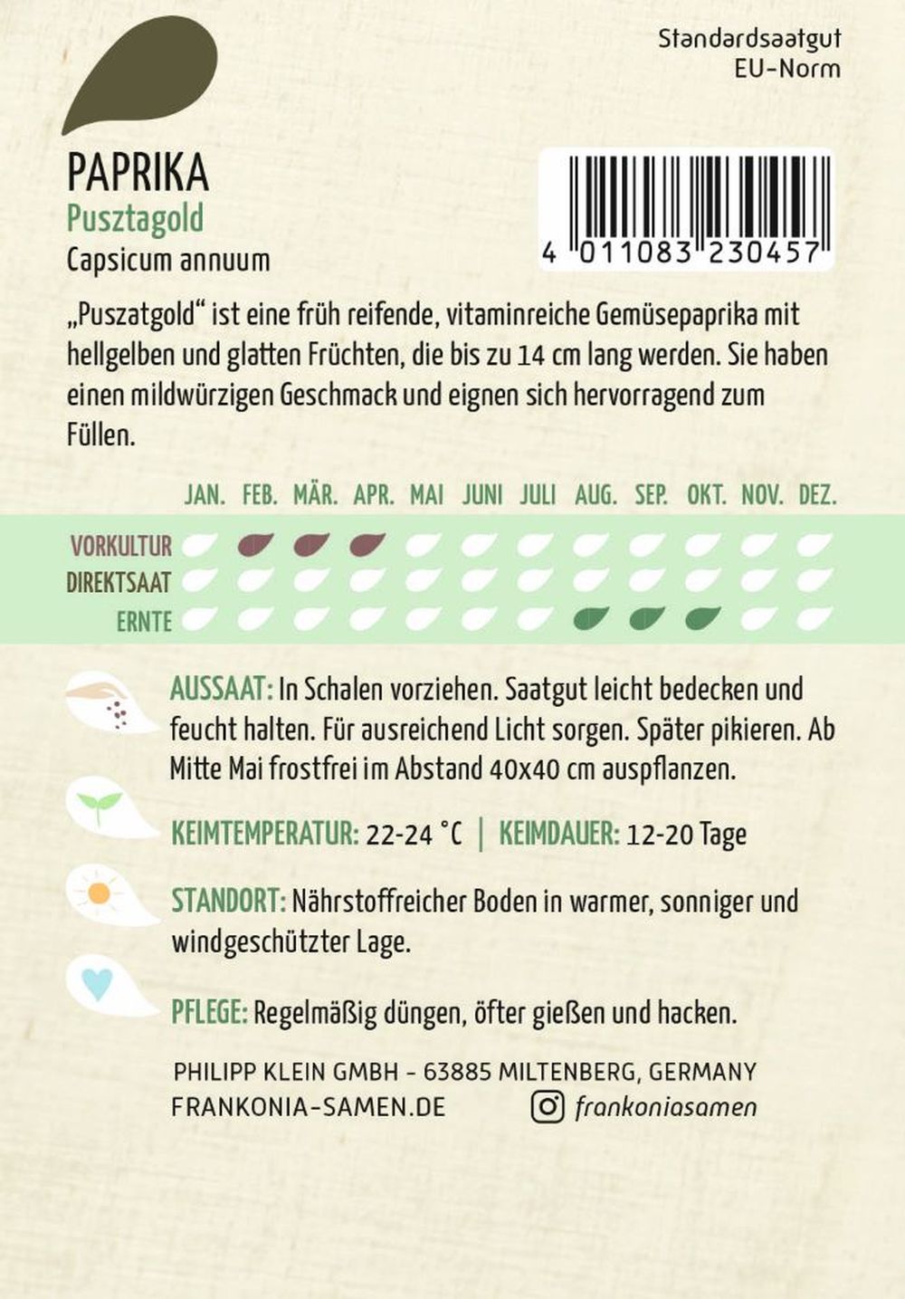 Rückseite der Verpackung des Saatgutes Paprika, Pusztagold der Firma Frankonia Samen von ihrgartenberater.de