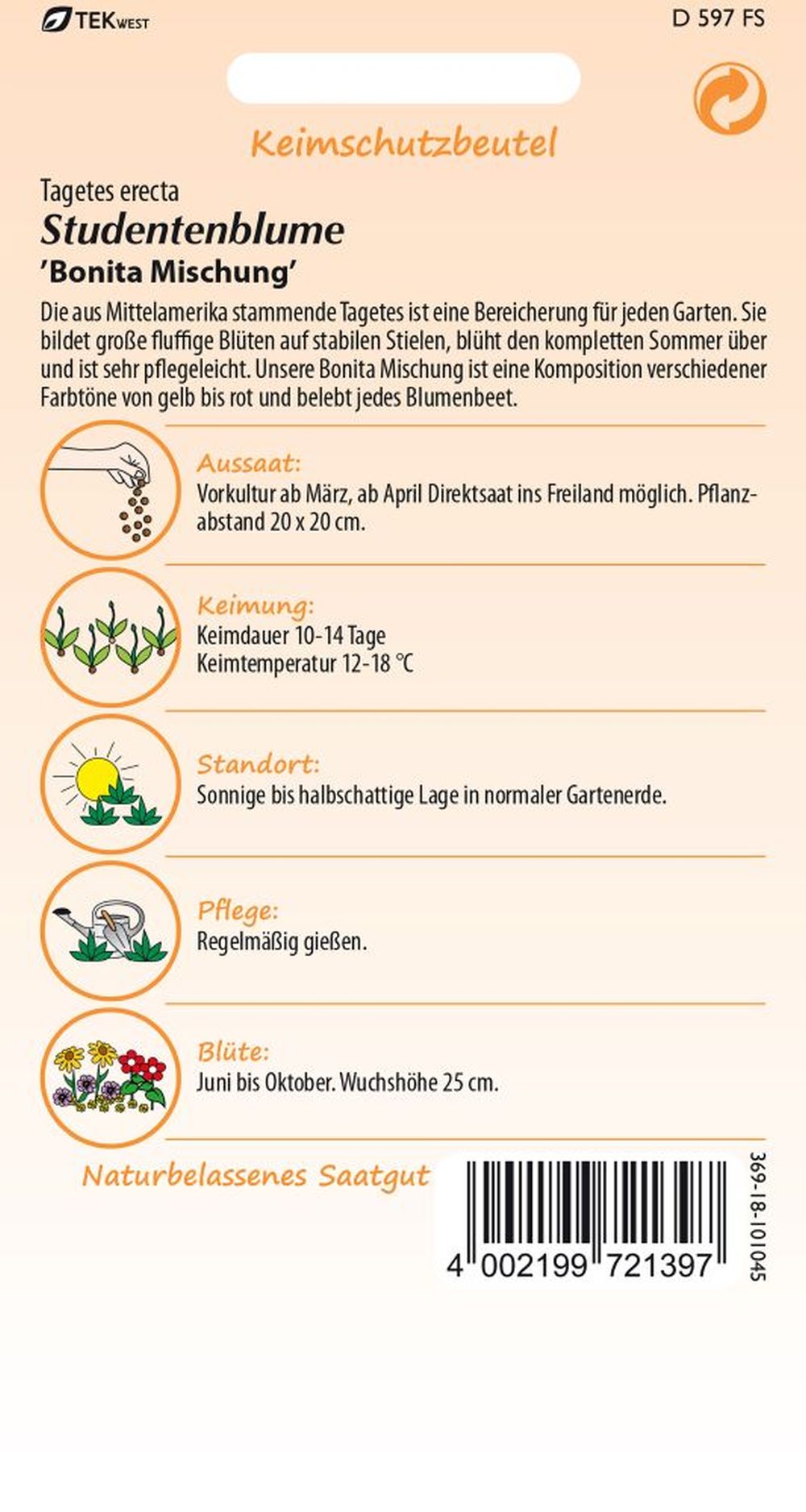 Rückseite der Verpackung des Saatgutes Tagetes, Bonita Mix der Firma Samen Pfann von ihrgartenberater.de
