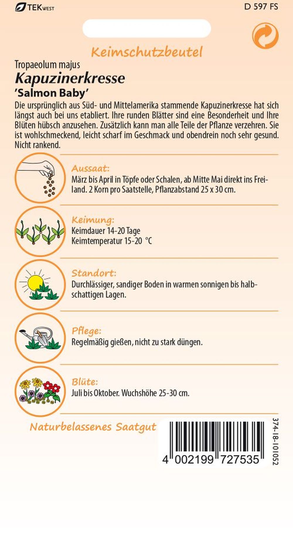 Rückseite der Verpackung des Saatgutes Kapuzinerkresse, Salmon Baby der Firma Samen Pfann von ihrgartenberater.de