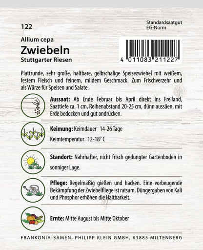 Rückseite der Verpackung des Saatgutes Zwiebelsamen, Stuttgarter Riesen der Firma Frankonia Samen von ihrgartenberater.de