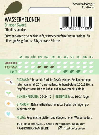 Rückseite der Verpackung des Saatgutes Wassermelone, Crimson Sweet der Firma Frankonia Samen von ihrgartenberater.de