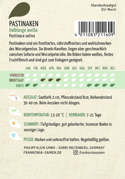 Rückseite der Verpackung des Saatgutes Pastinaken, Halblange weiße der Firma Frankonia Samen von ihrgartenberater.de