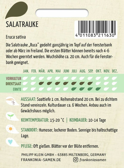Rückseite der Verpackung des Saatgutes Salatrauke, Rucola der Firma Frankonia Samen von ihrgartenberater.de