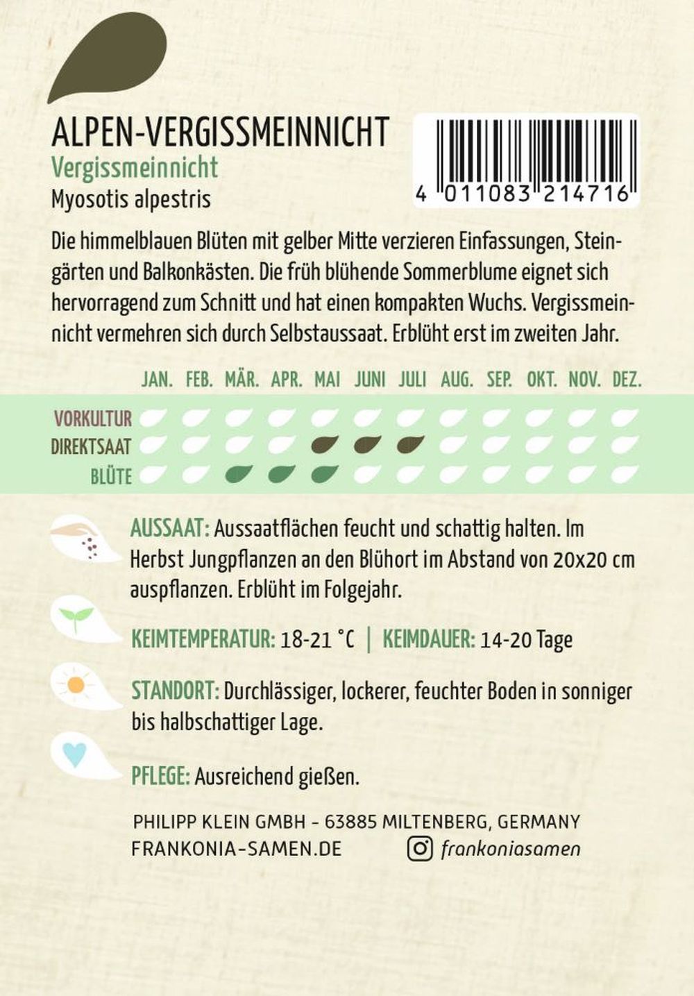 Rückseite der Verpackung des Saatgutes Alpen-Vergissmeinnicht, Vergissmeinnicht der Firma Frankonia Samen von ihrgartenberater.de