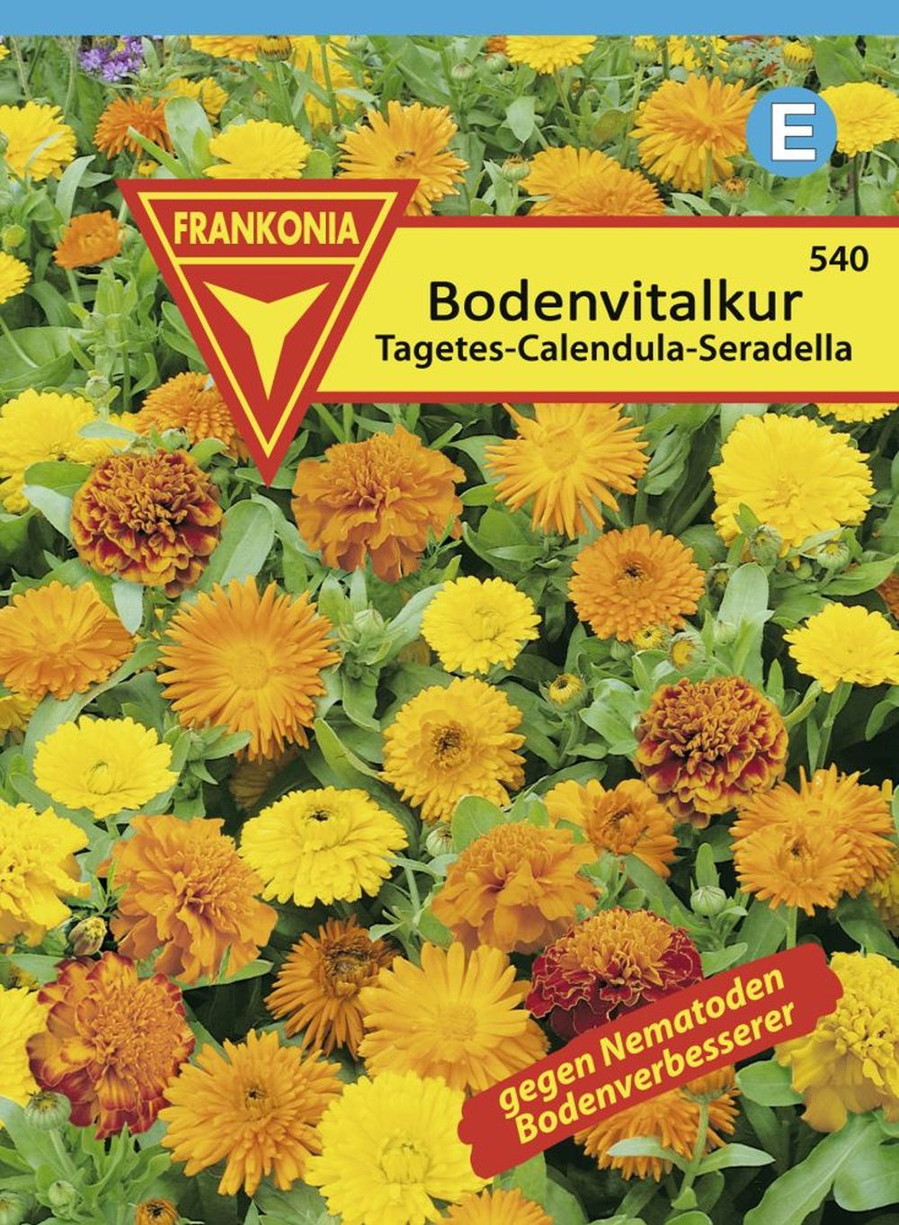 Vorderseite der Verpackung des Saatgutes Bodenvitalkur, Tagetes und Calendula der Firma Frankonia Samen von ihrgartenberater.de