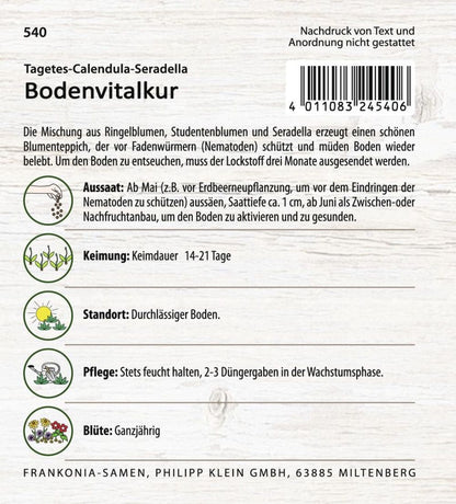 Rückseite der Verpackung des Saatgutes Bodenvitalkur, Tagetes und Calendula der Firma Frankonia Samen von ihrgartenberater.de