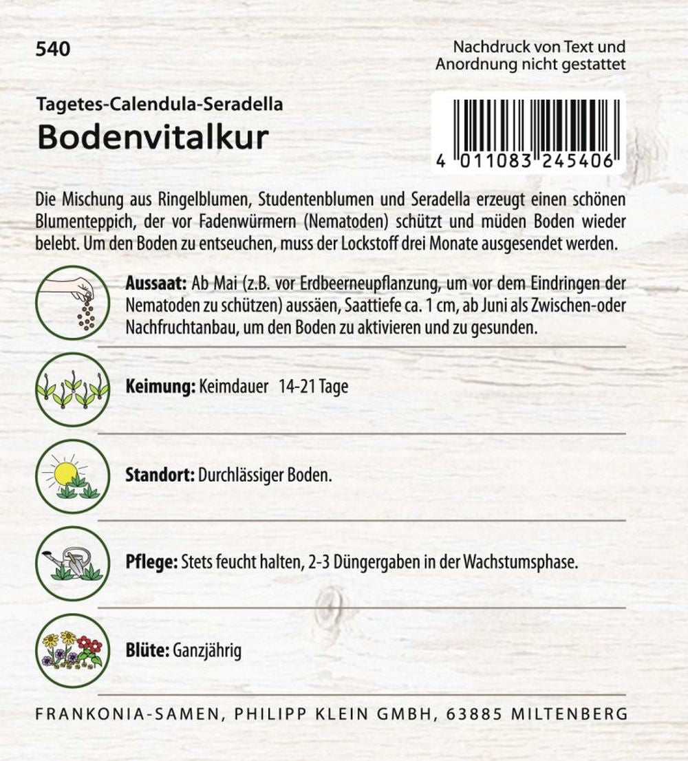 Rückseite der Verpackung des Saatgutes Bodenvitalkur, Tagetes und Calendula der Firma Frankonia Samen von ihrgartenberater.de
