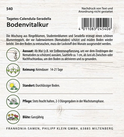Rückseite der Verpackung des Saatgutes Bodenvitalkur, Tagetes und Calendula der Firma Frankonia Samen von ihrgartenberater.de