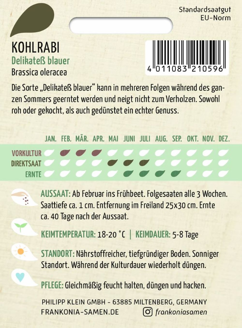 Rückseite der Verpackung des Saatgutes Kohlrabi, Delikatess blauer der Firma Frankonia Samen von ihrgartenberater.de