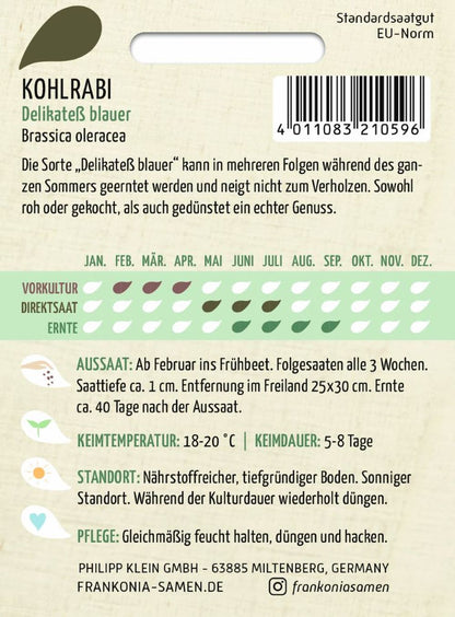 Rückseite der Verpackung des Saatgutes Kohlrabi, Delikatess blauer der Firma Frankonia Samen von ihrgartenberater.de