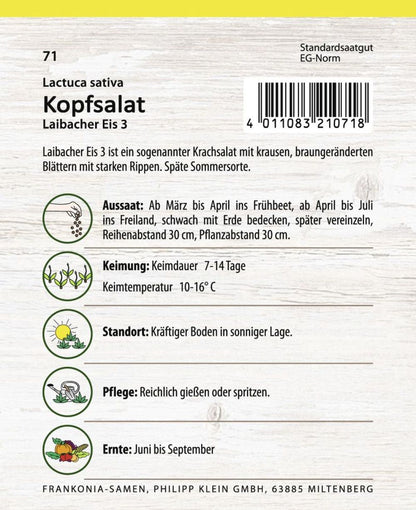 Rückseite der Verpackung des Saatgutes Eissalat, Laibacher Eis 3 der Firma Frankonia Samen von ihrgartenberater.de