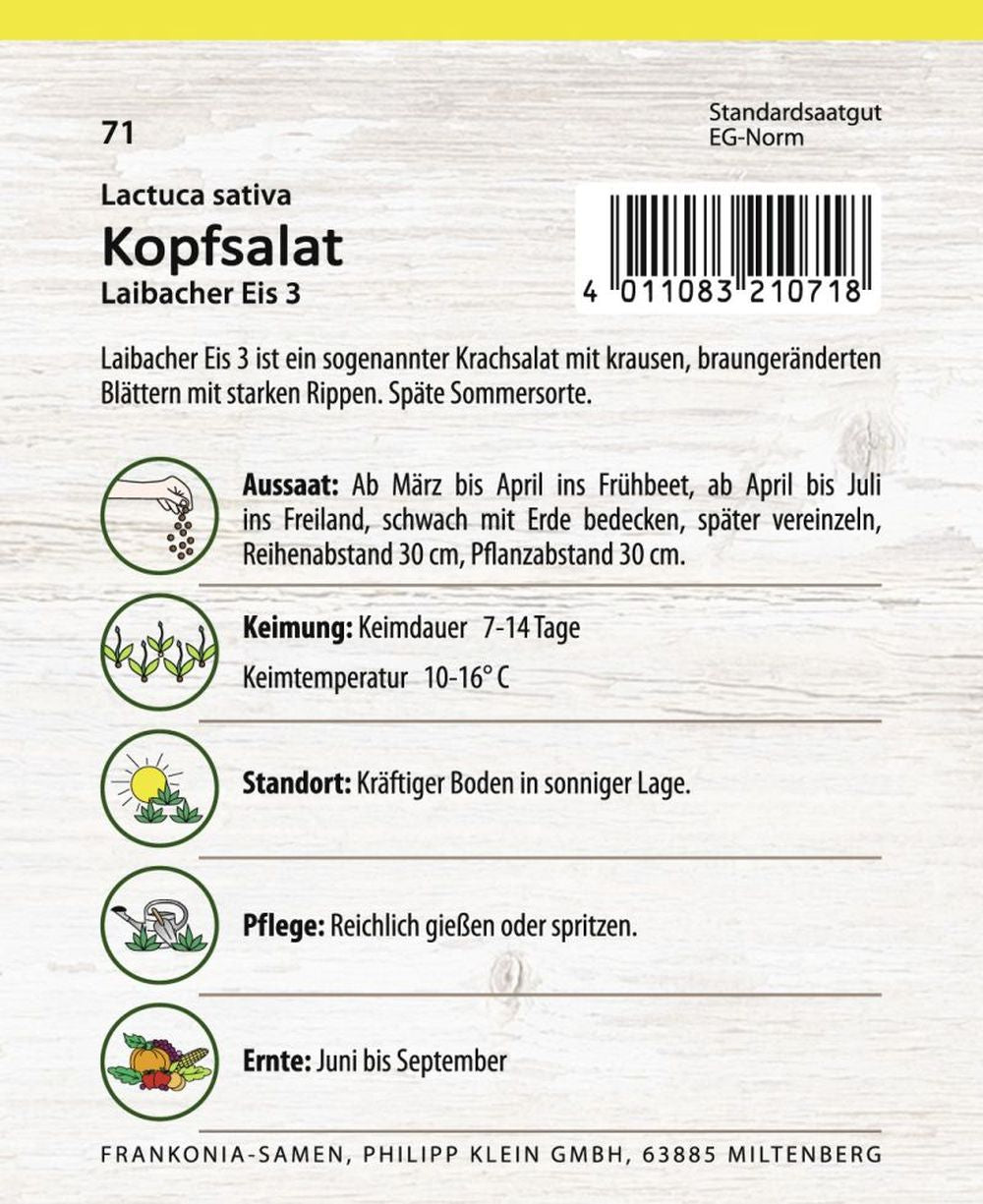 Rückseite der Verpackung des Saatgutes Eissalat, Laibacher Eis 3 der Firma Frankonia Samen von ihrgartenberater.de