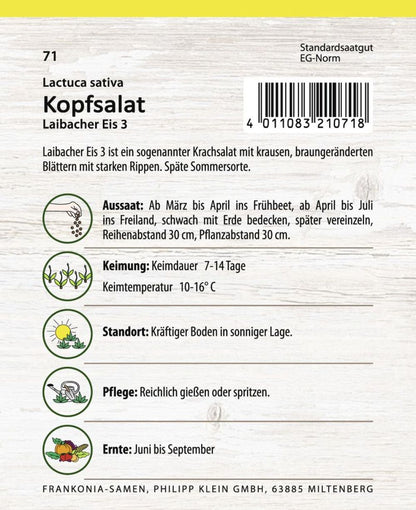 Rückseite der Verpackung des Saatgutes Eissalat, Laibacher Eis 3 der Firma Frankonia Samen von ihrgartenberater.de