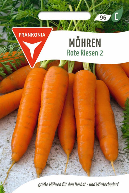 Vorderseite der Verpackung des Saatgutes Möhre, Rote Riesen 2 der Firma Frankonia Samen von ihrgartenberater.de