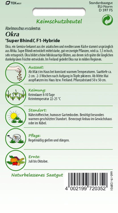 Rückseite der Verpackung des Saatgutes Okra, Super Bhindi F1 der Firma Samen Pfann von ihrgartenberater.de