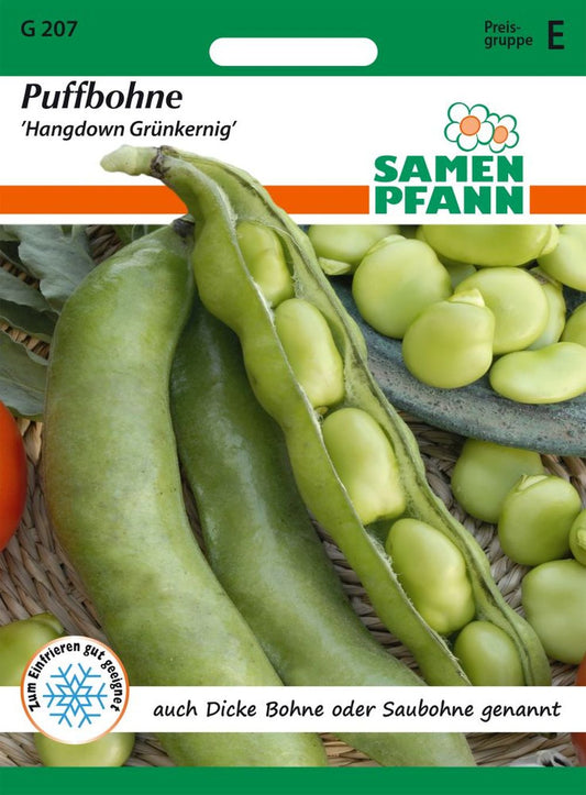 Vorderseite der Verpackung des Saatgutes Puffbohne, Hangdown der Firma Samen Pfann von ihrgartenberater.de