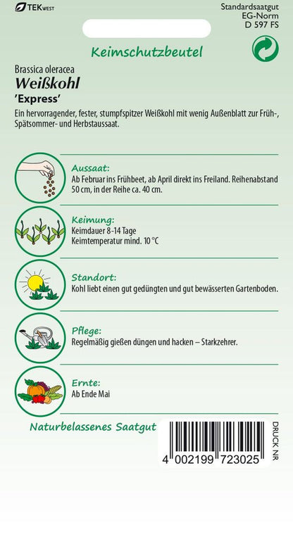 Rückseite der Verpackung des Saatgutes Weißkohl, FIlderkraut, Spitzkohl, Express der Firma Samen Pfann von ihrgartenberater.de