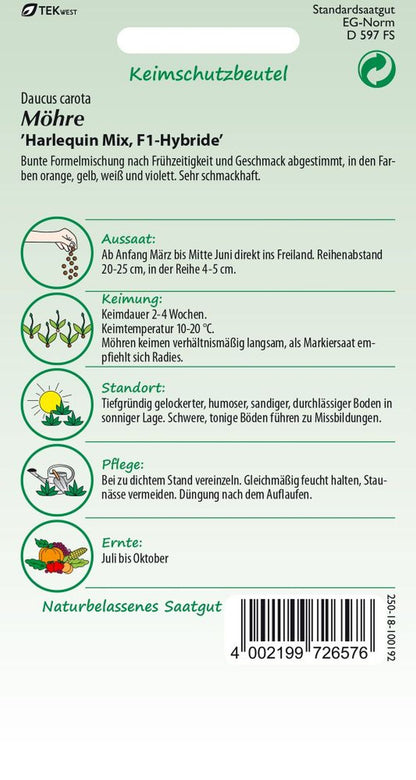 Rückseite der Verpackung des Saatgutes Möhre, Harlequin Mix F1 der Firma Samen Pfann von ihrgartenberater.de