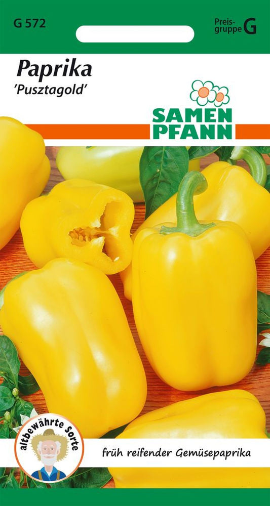 Vorderseite der Verpackung des Saatgutes Paprika, Pusztagold der Firma Samen Pfann von ihrgartenberater.de