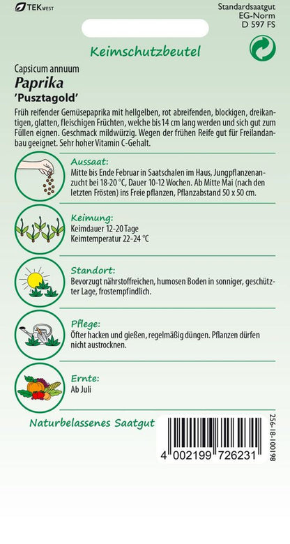 Rückseite der Verpackung des Saatgutes Paprika, Pusztagold der Firma Samen Pfann von ihrgartenberater.de