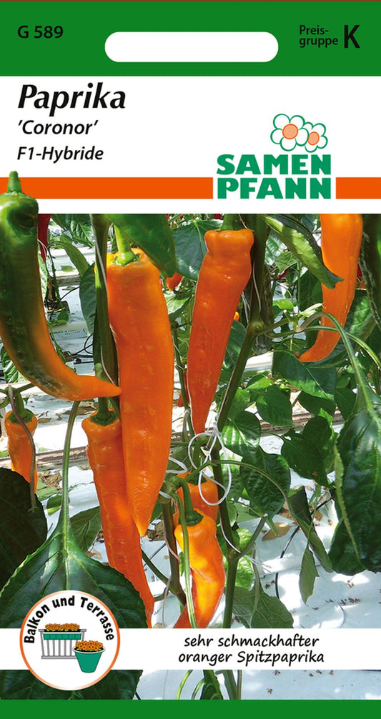 Vorderseite der Verpackung des Saatgutes Paprika, Coronor F1 der Firma Samen Pfann von ihrgartenberater.de